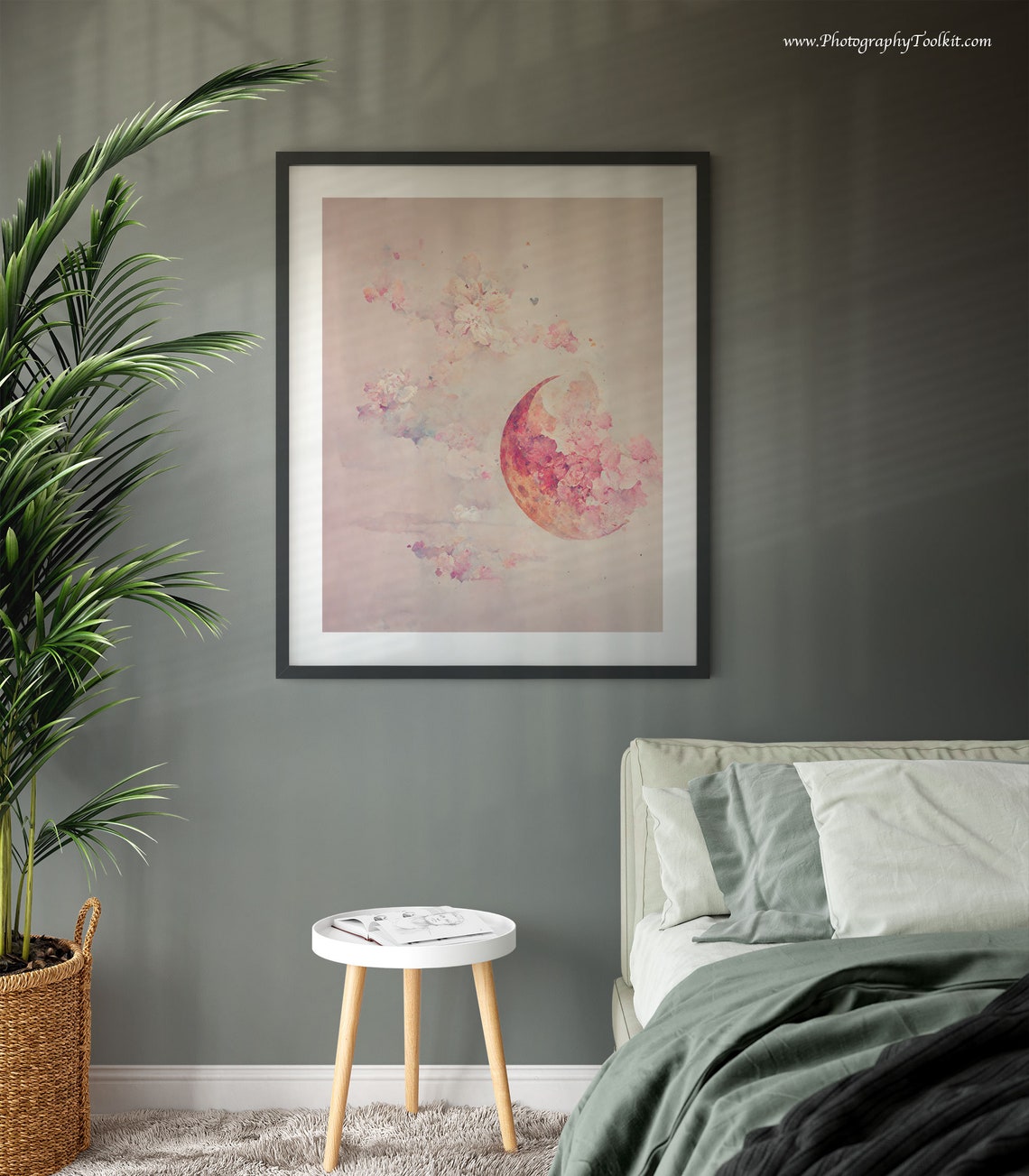 Pink Crescent Moon Blossom Clouds Soft Dreamy Watercolor Print - Image 3