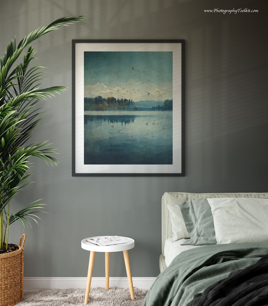 Birds Over Calm Blue Lake Watercolor Tranquil Nature Scene Poster - Image 3