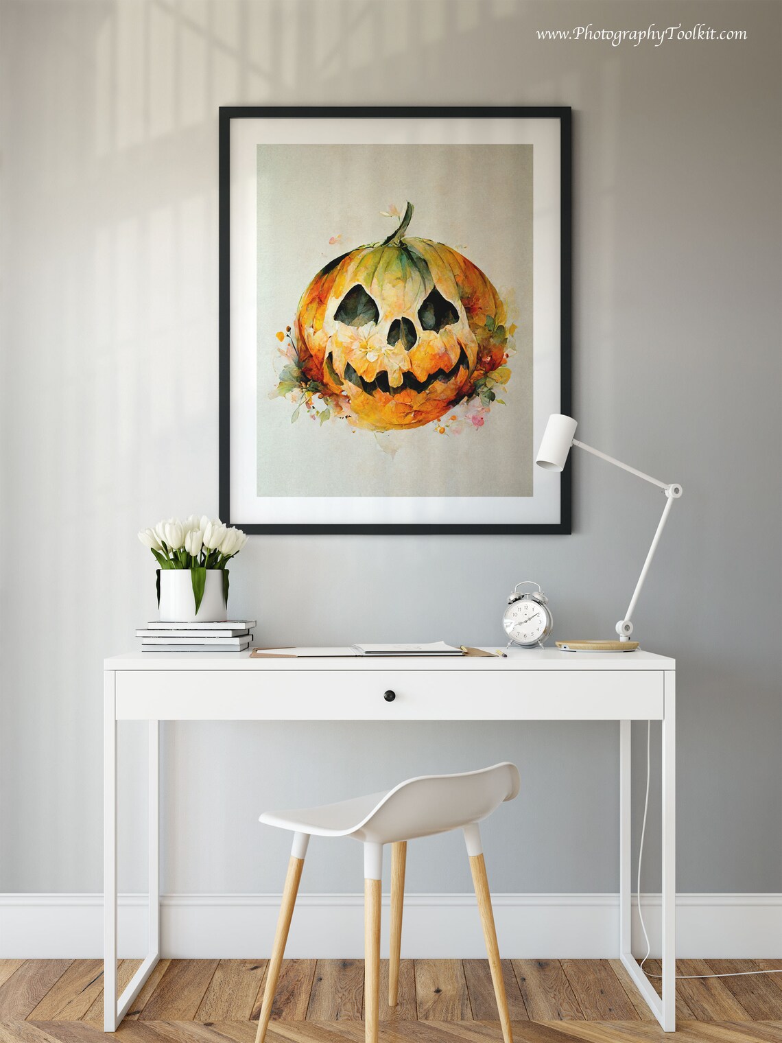 Carved Halloween Pumpkin Watercolor Wall Art Jack O Lantern Floral Decor - Image 4