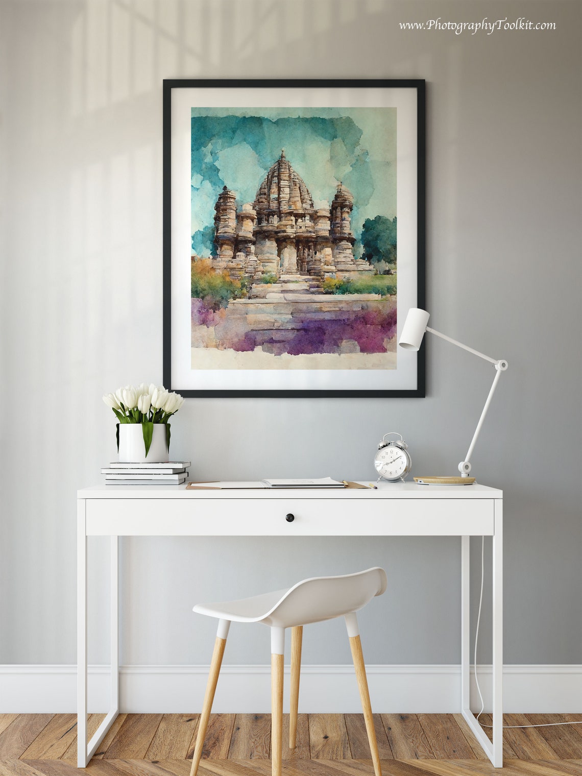 Khajuraho India Ancient Stone Temple Watercolor Teal Sky Poster - Image 2