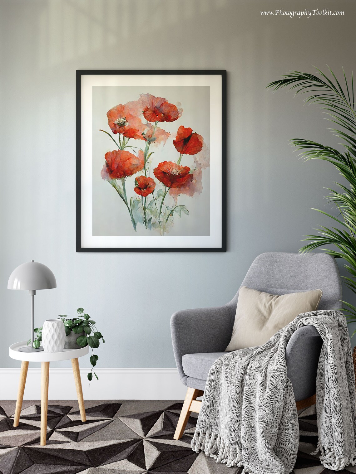 Red Poppy Stems Loose Watercolor Gray Wash Floral Botanical Poster - Image 6