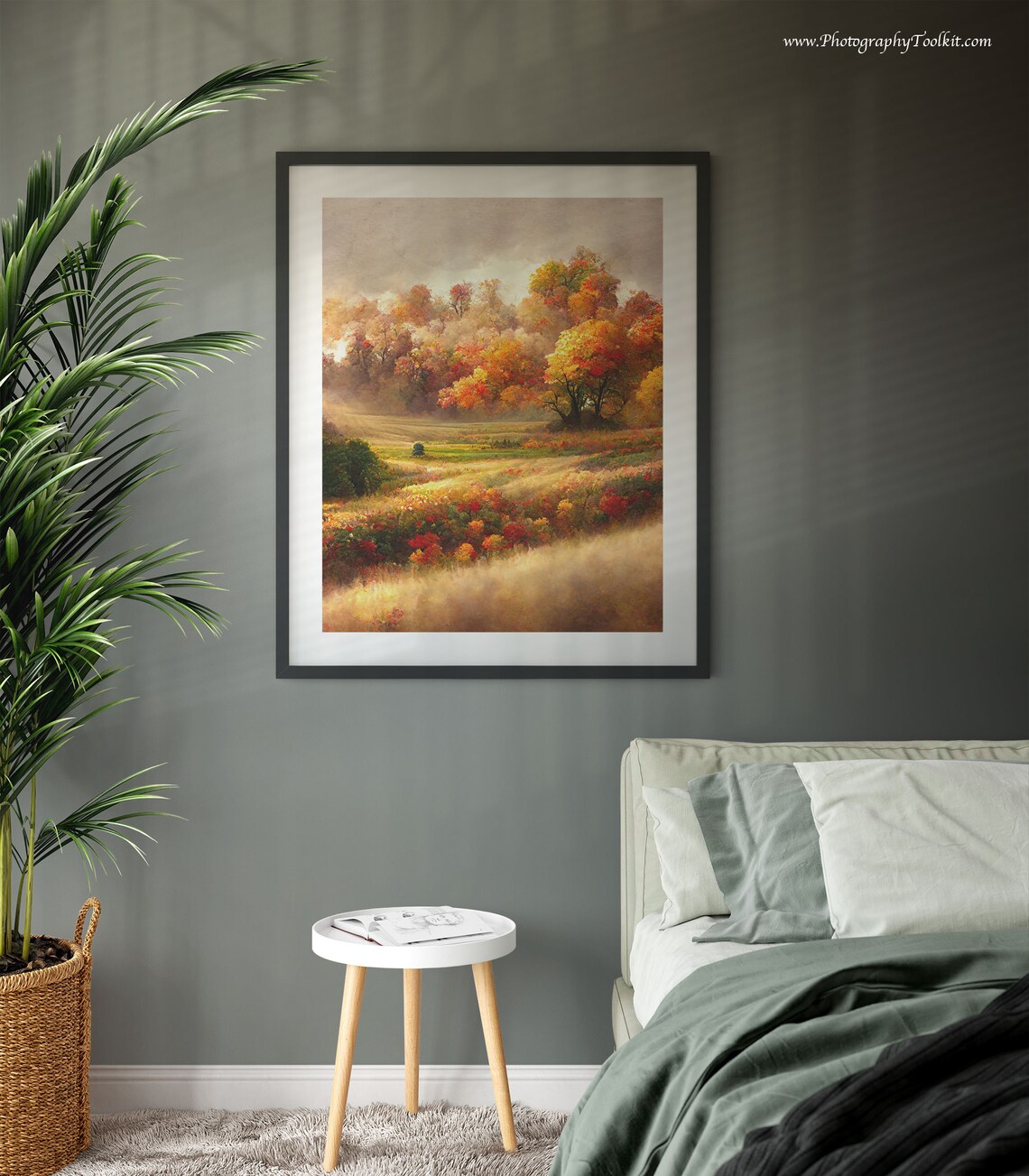 Golden Autumn Meadow Landscape Print Colorful Fall Trees Rolling Hills Art - Image 3
