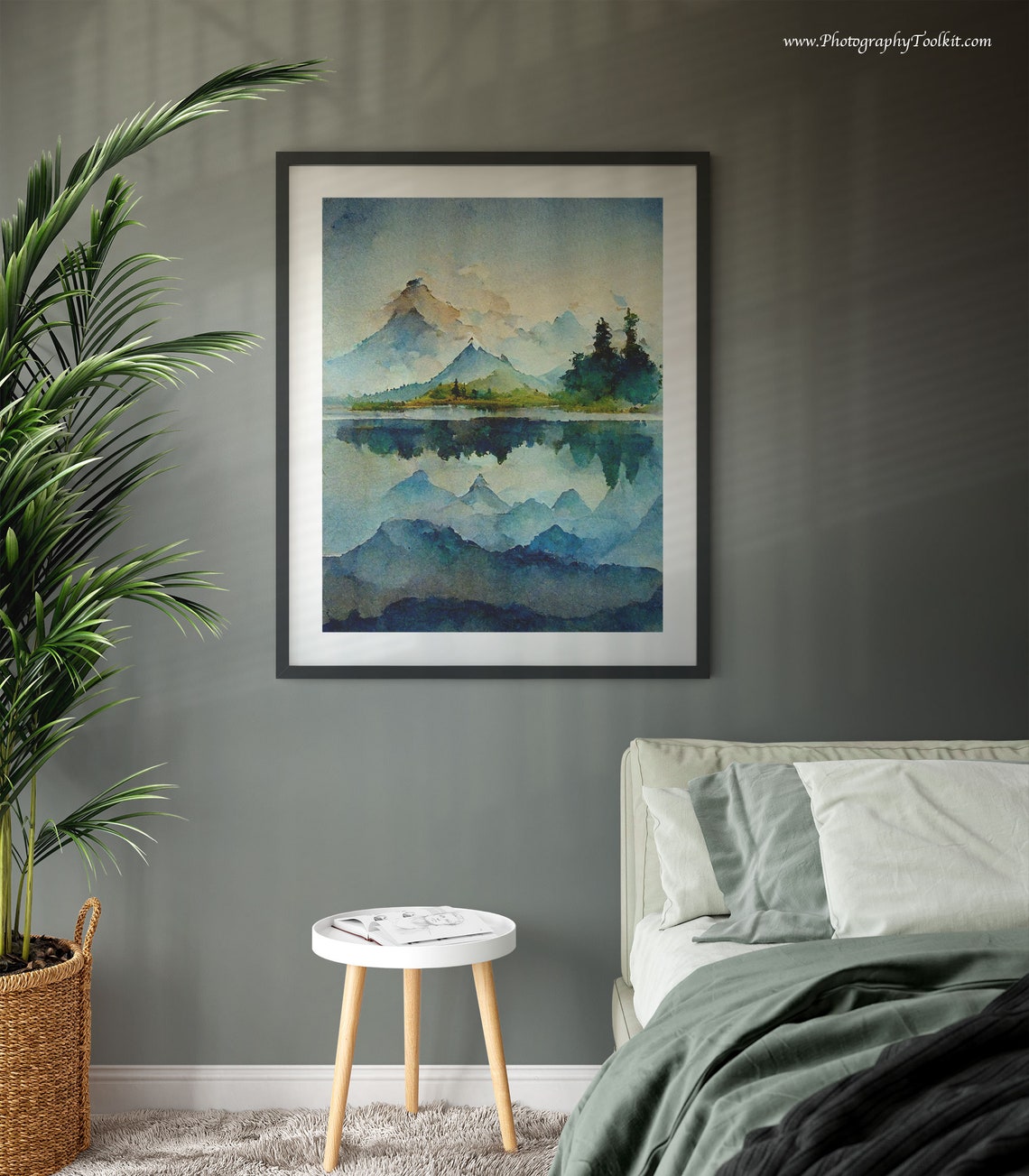 Blue Mountain Peaks and Pines Reflected in a Lake Watercolor Poster - Image 3