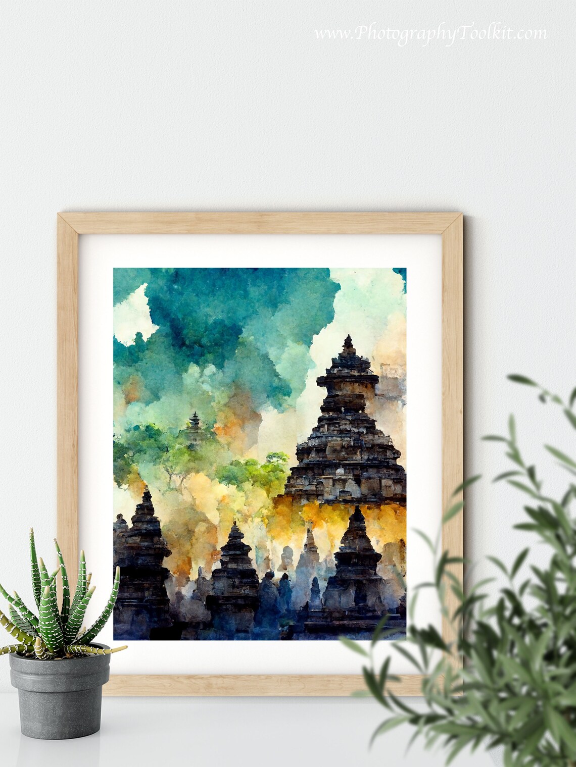 Borobudur Buddhist Temple Stone Stupas Teal Sky Watercolor Poster - Image 5