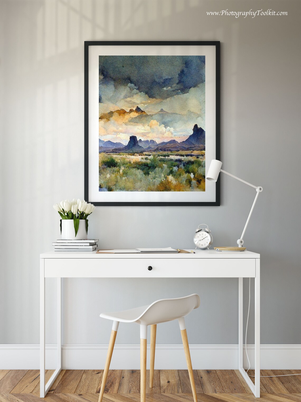 Desert Canyon Landscape Watercolor Buttes Under Cloudy Sky Poster - Image 2