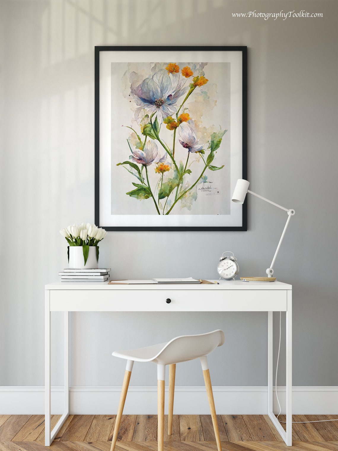 White Wildflowers With Orange Buds Watercolor Floral Art Poster - Image 2