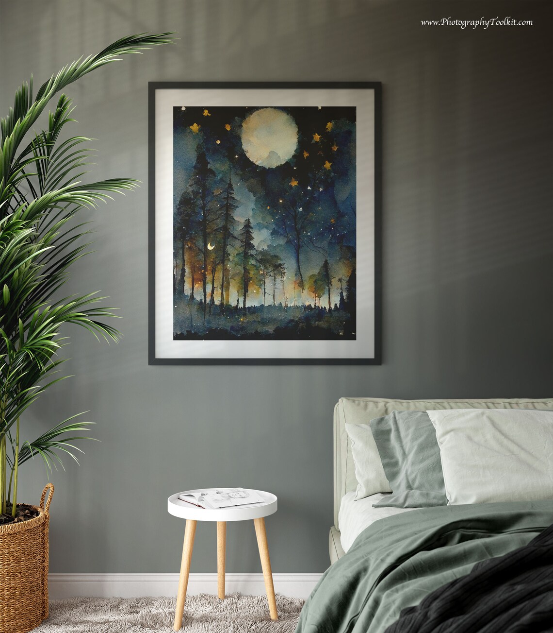 Golden Stars Full Moon Night Forest Watercolor Celestial Sky Poster - Image 3