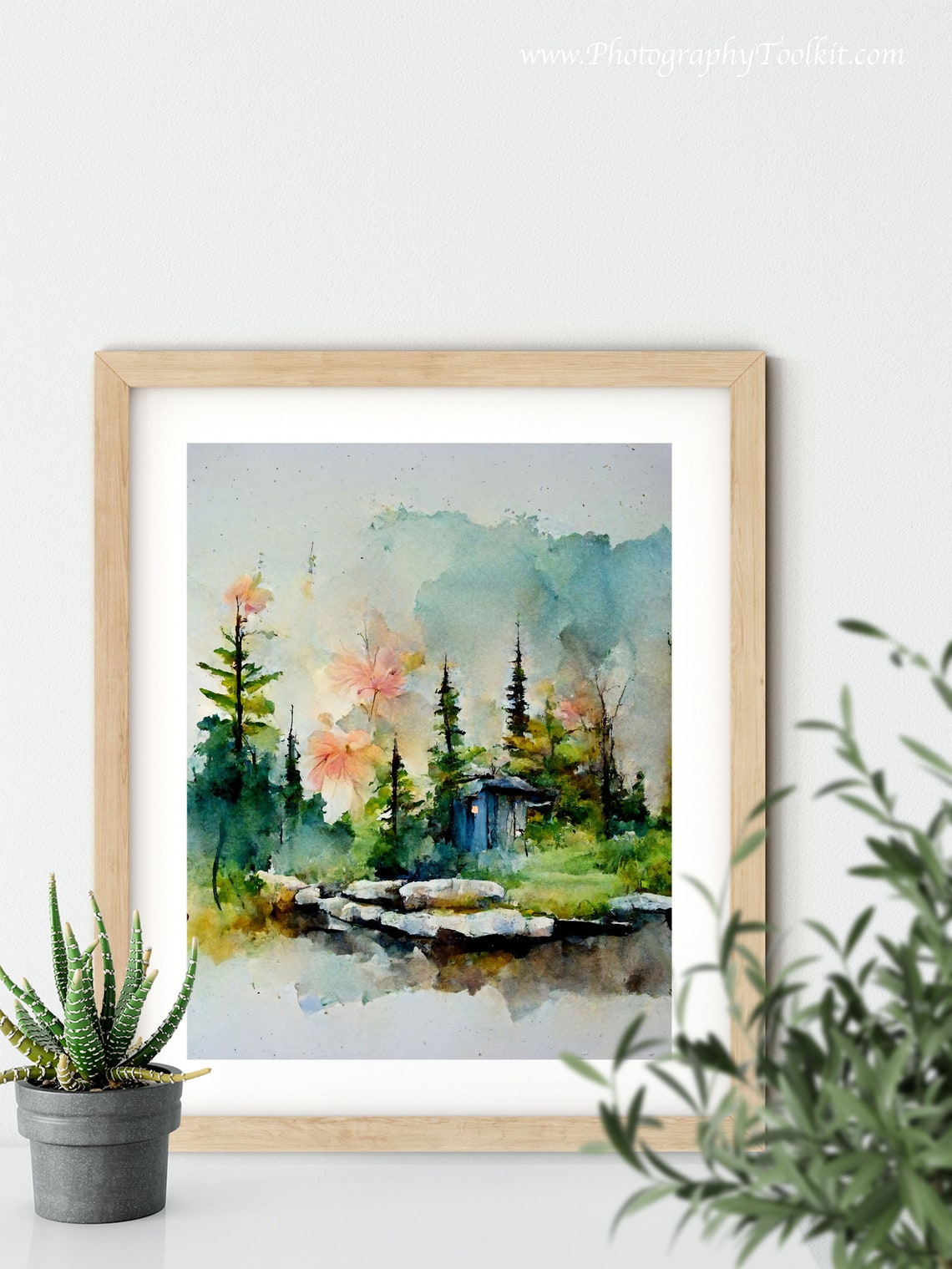 Misty Pine Forest Lake With Cabin Watercolor Landscape Poster - Image 2