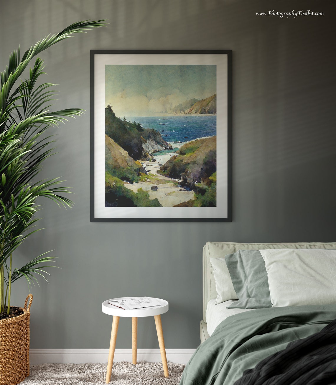 Sunlit Rocky Cove and Cliffs Above a Deep Blue Sea Watercolor Poster - Image 3