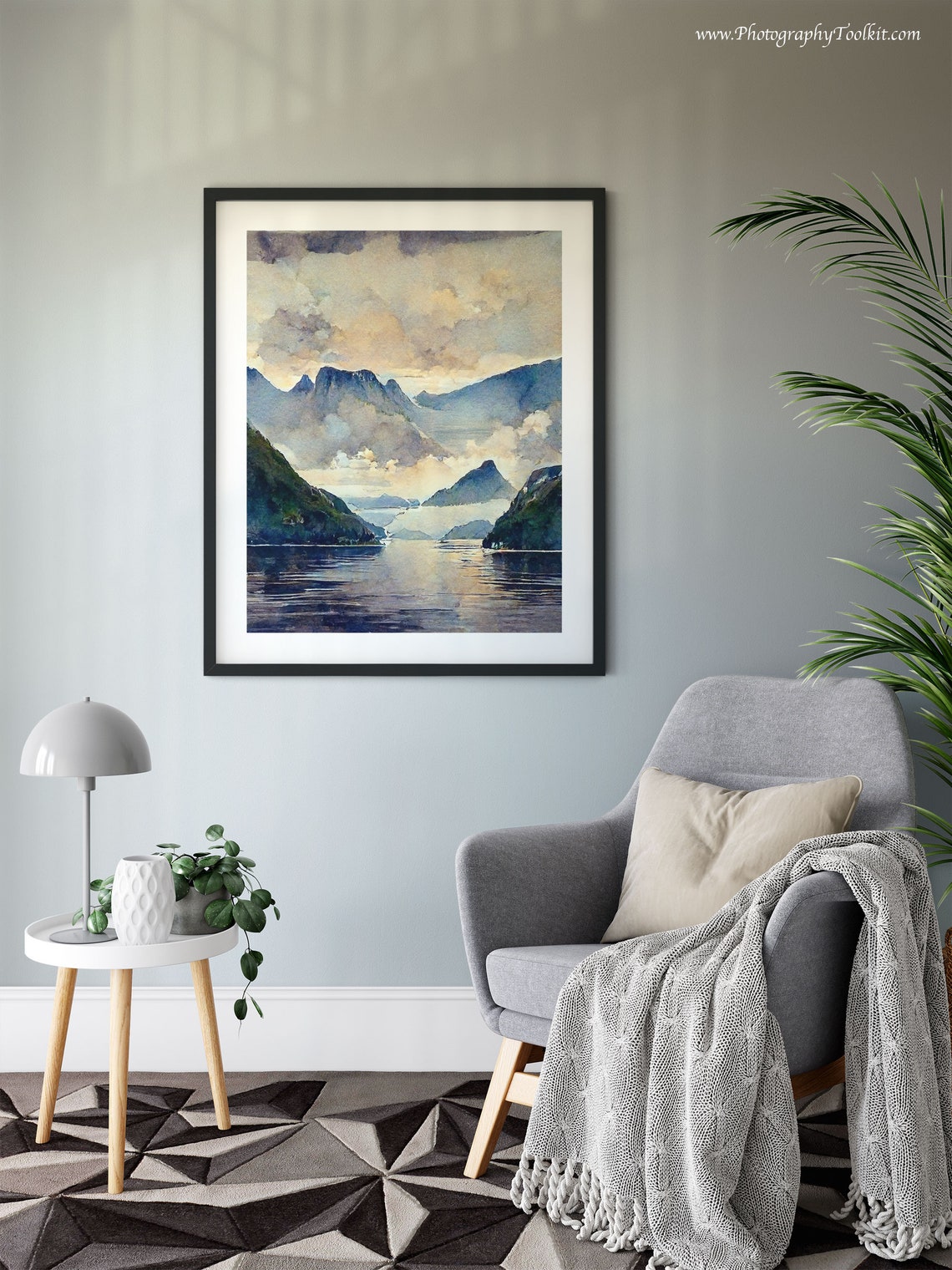 Norwegian Fjord Misty Peaks Still Water Watercolor Travel Poster - Image 6