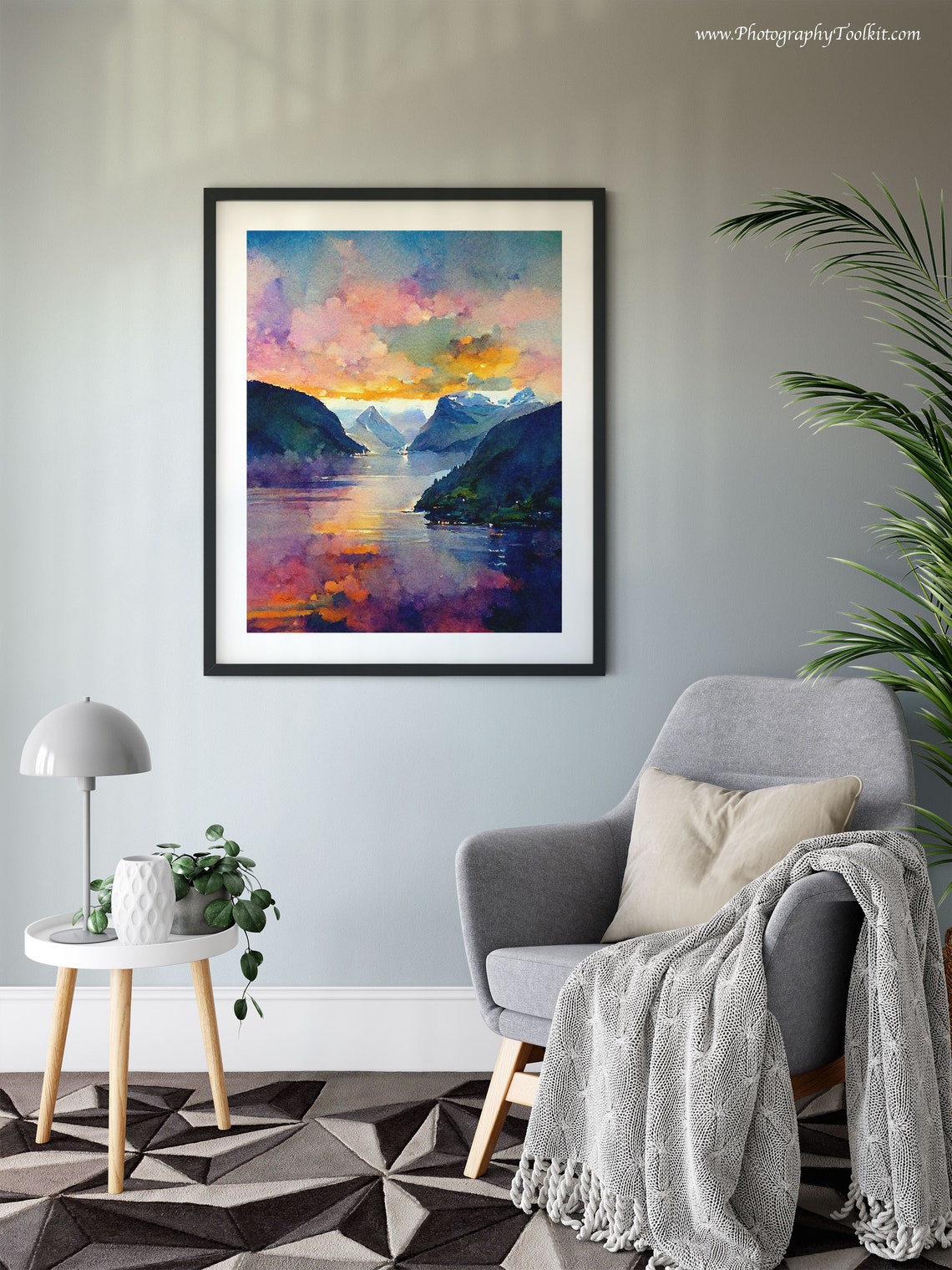 Norwegian Fjord Purple Sunset Mountains Lake Watercolor Poster - Image 6