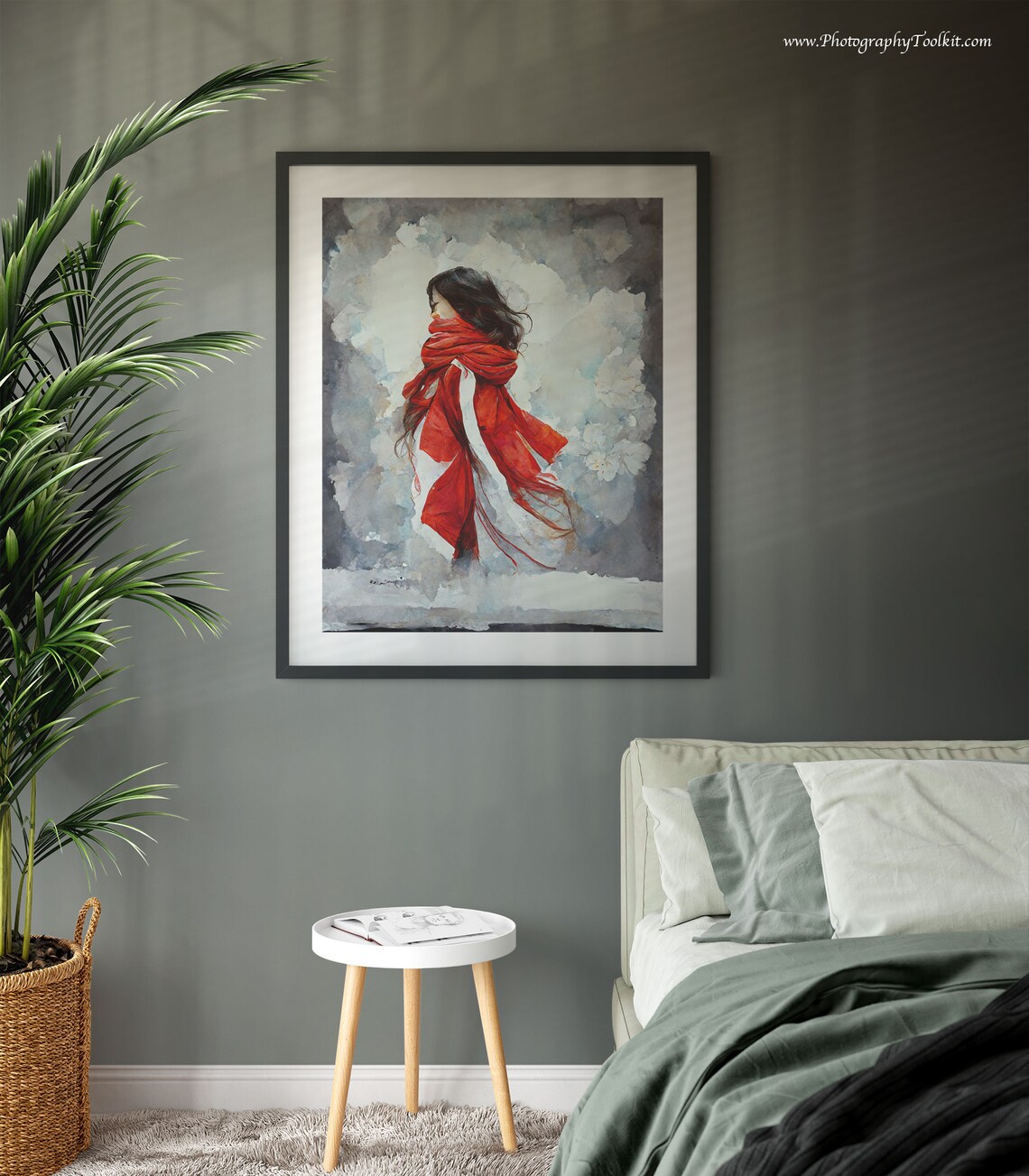 Woman in Red Scarf Winter Watercolor Snowy Evening Portrait Poster - Image 3