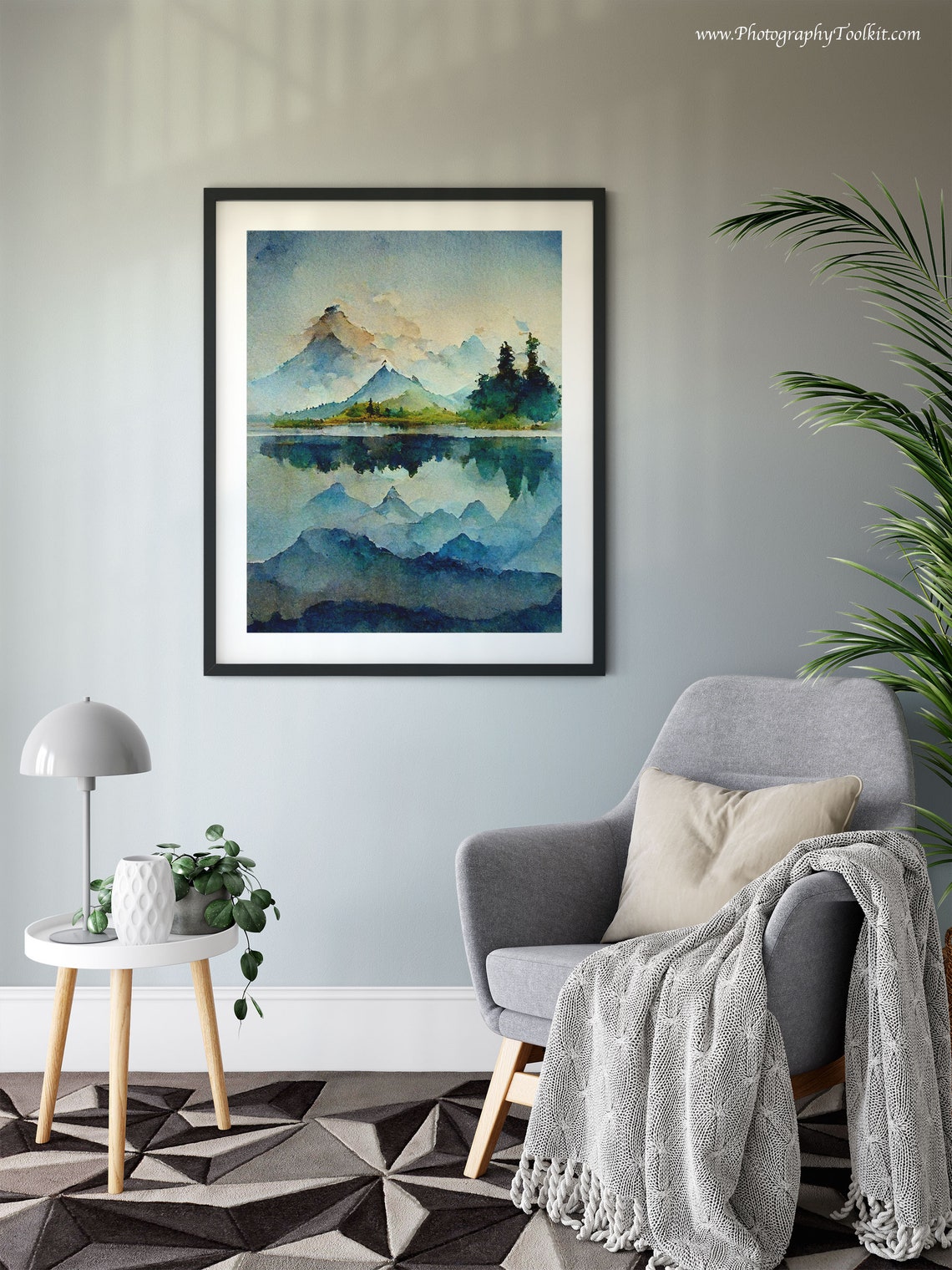 Blue Mountain Peaks and Pines Reflected in a Lake Watercolor Poster - Image 6