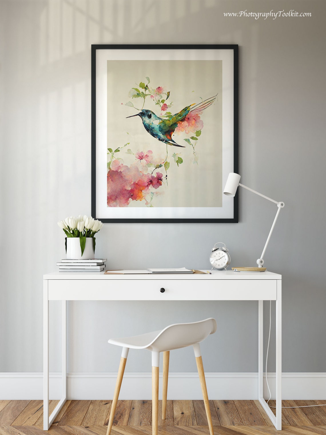 Hummingbird Pink Blossoms Delicate Spring Watercolor Scenic Poster - Image 2