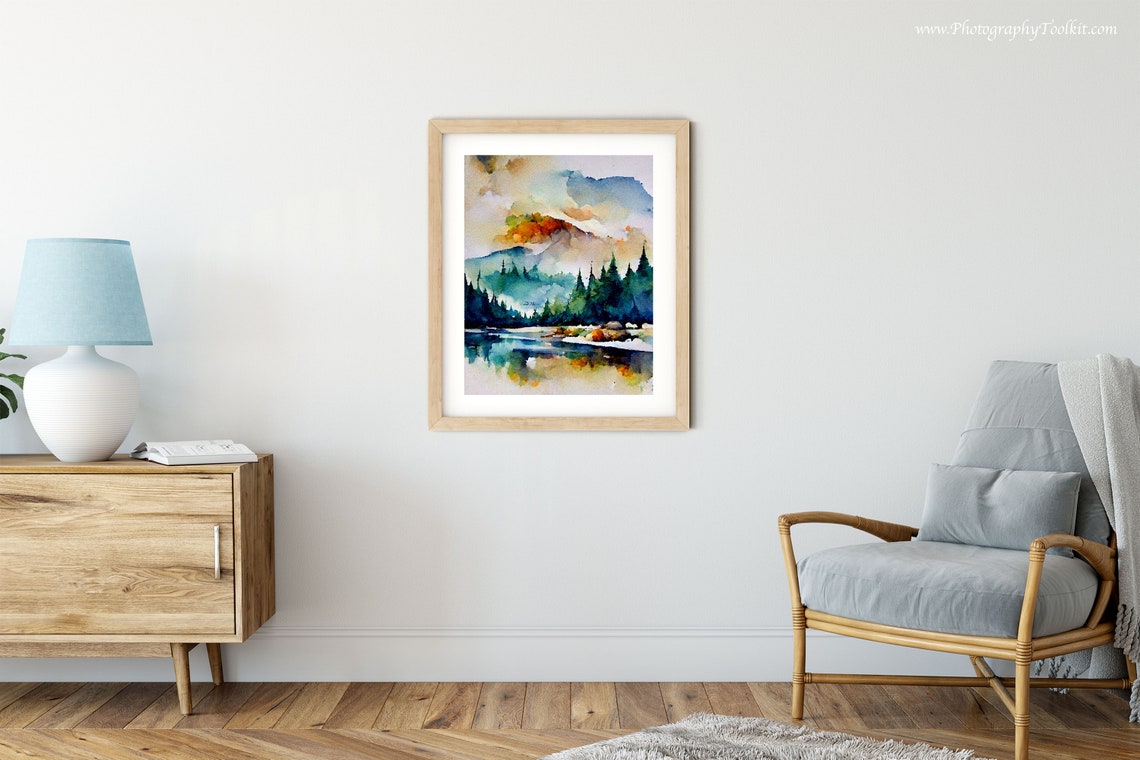 Mountain Lake Pines Watercolor Sunset Scenic Nature View Poster - Image 6