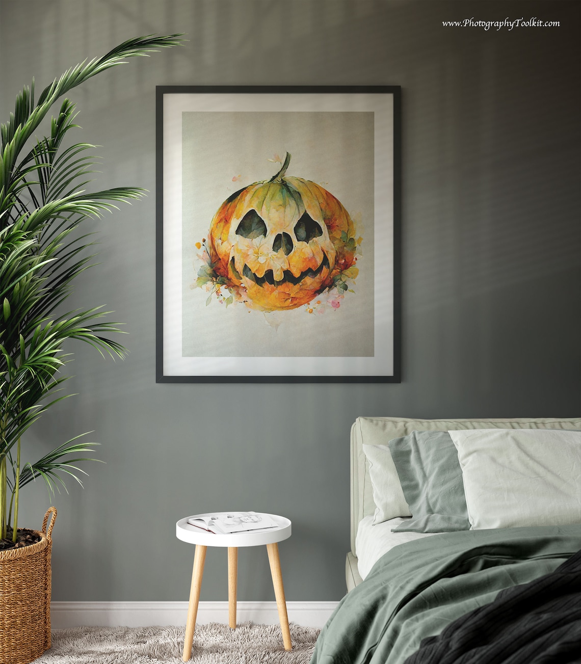 Carved Halloween Pumpkin Watercolor Wall Art Jack O Lantern Floral Decor - Image 3