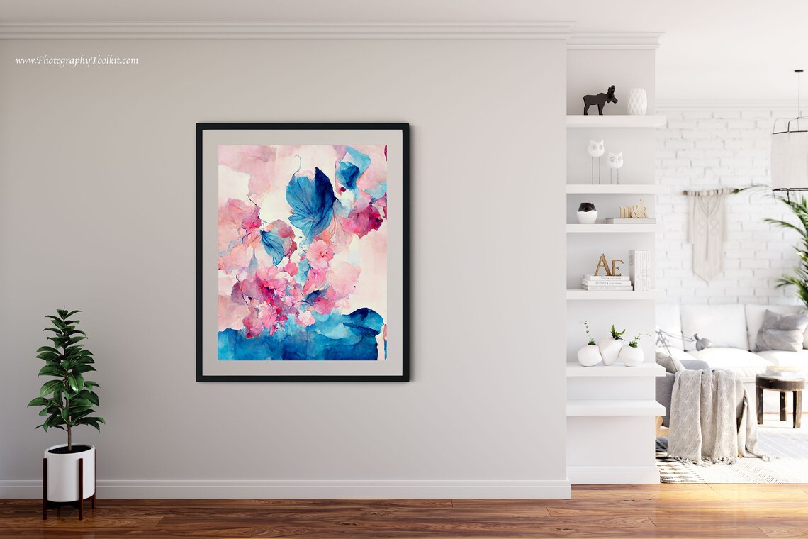 Pink Blossom Abstract Blue Ink Wash Watercolor Dreamy Floral Poster - Image 4