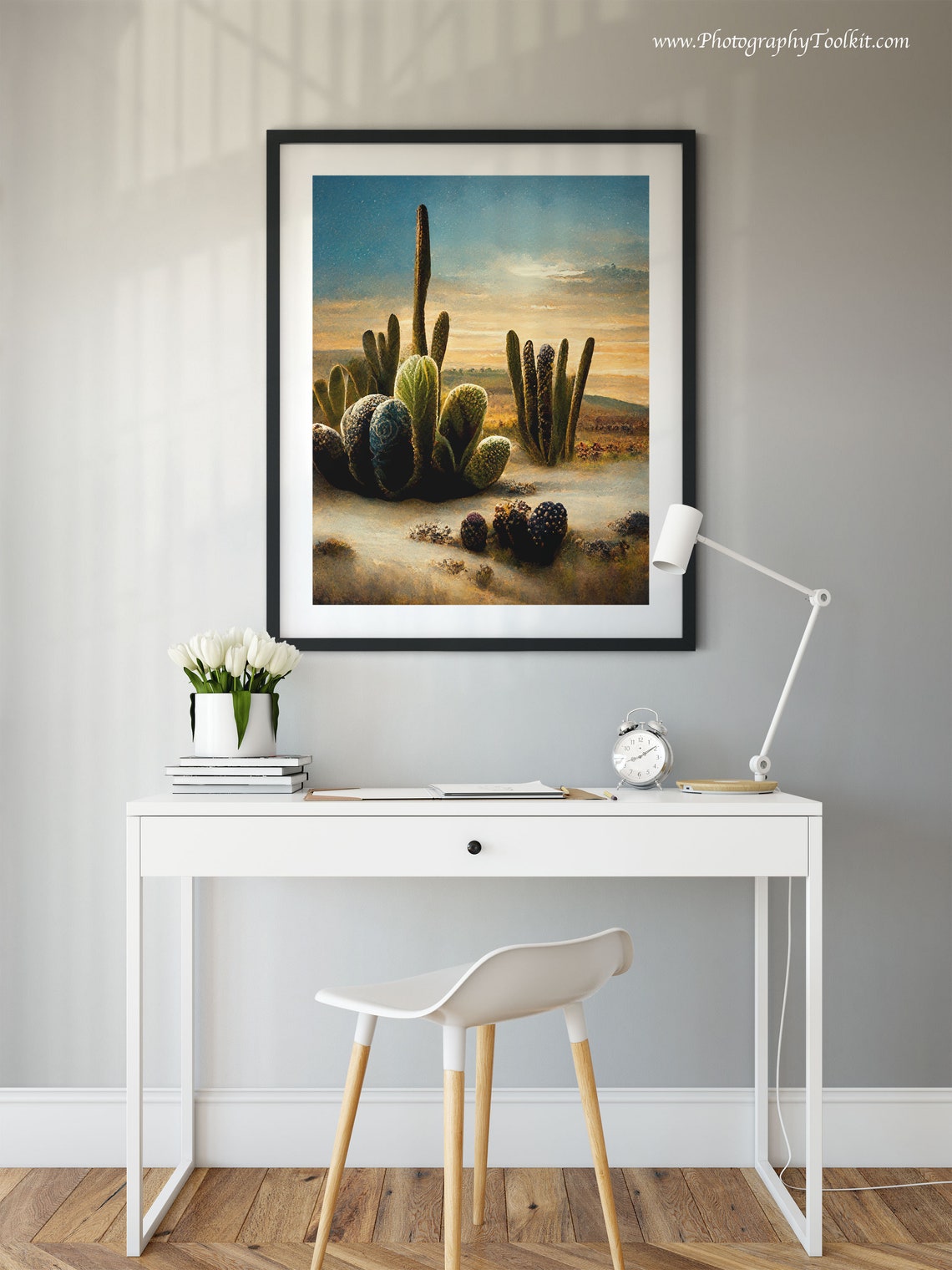 Western Desert Cacti Sunset Wall Art Prickly Pear Golden Sky Landscape - Image 2