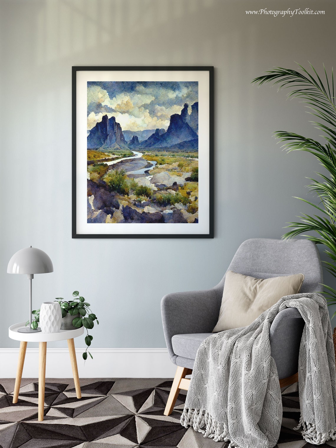 Desert Canyon River Watercolor Rocky Cliffs Dramatic Cloud Sky Poster - Image 6