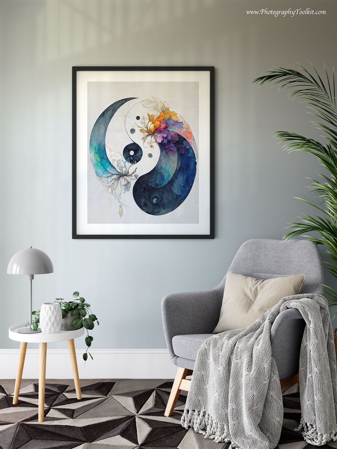 Watercolor Yin Yang Symbol with Autumn Flowers Zen Balance Poster - Image 6
