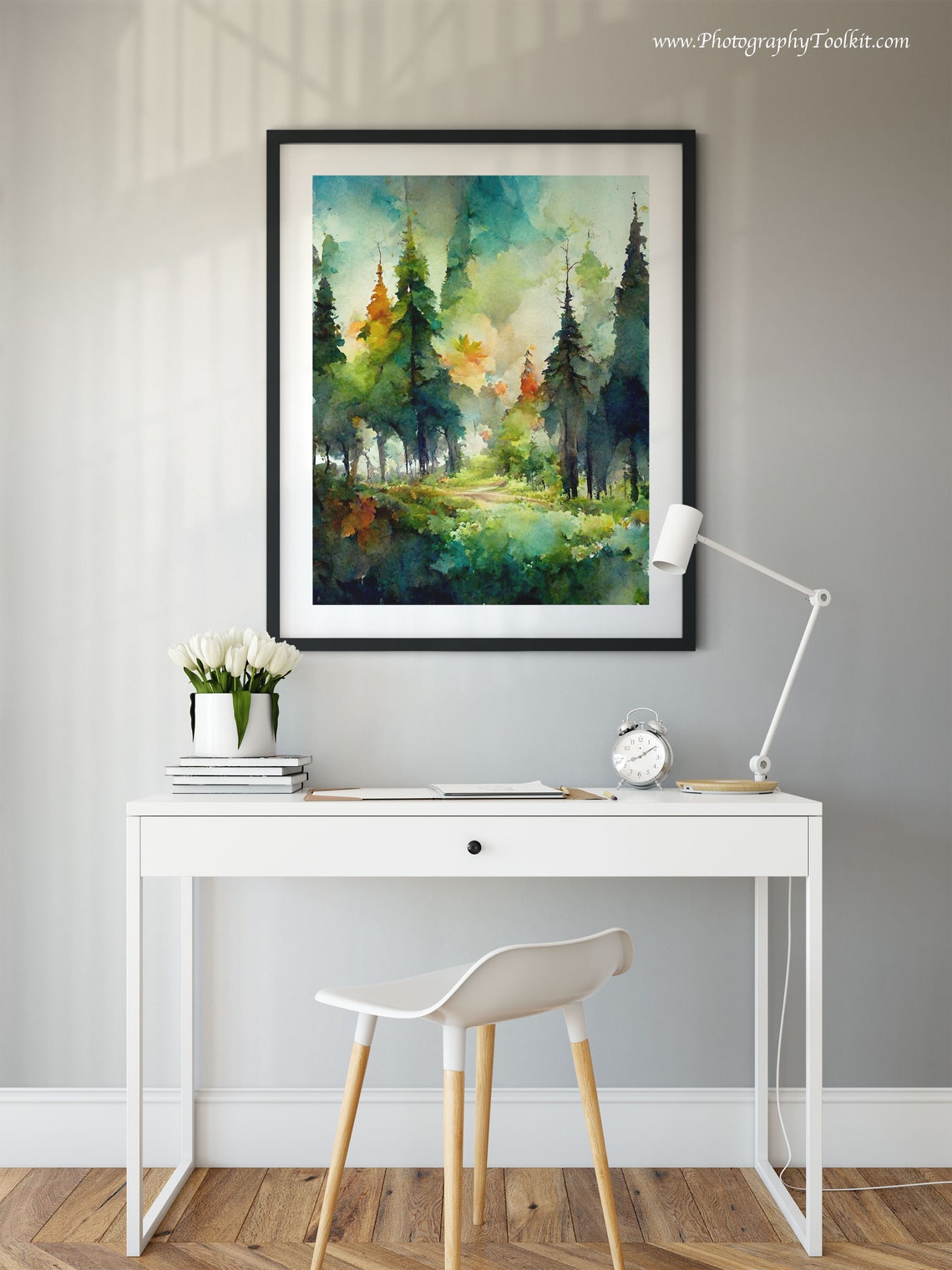 Pine Forest Light Through Trees Watercolor Path Serene Woods Poster - Image 2