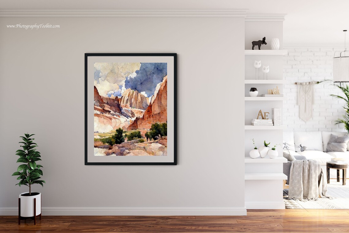 Capitol Reef Watercolor Red Cliffs Dramatic Sky Utah Desert Landscape Print - Image 4