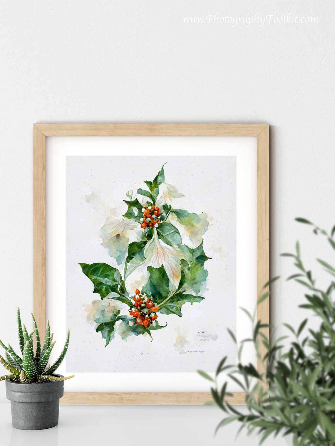 Winter Holly with Orange Berries Watercolor Botanical Art Poster - Image 5