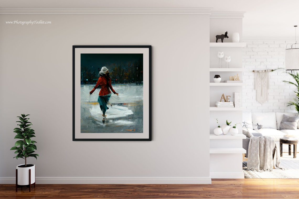 Woman Ice Skating at Night in a Red Coat Painterly Winter Poster - Image 4