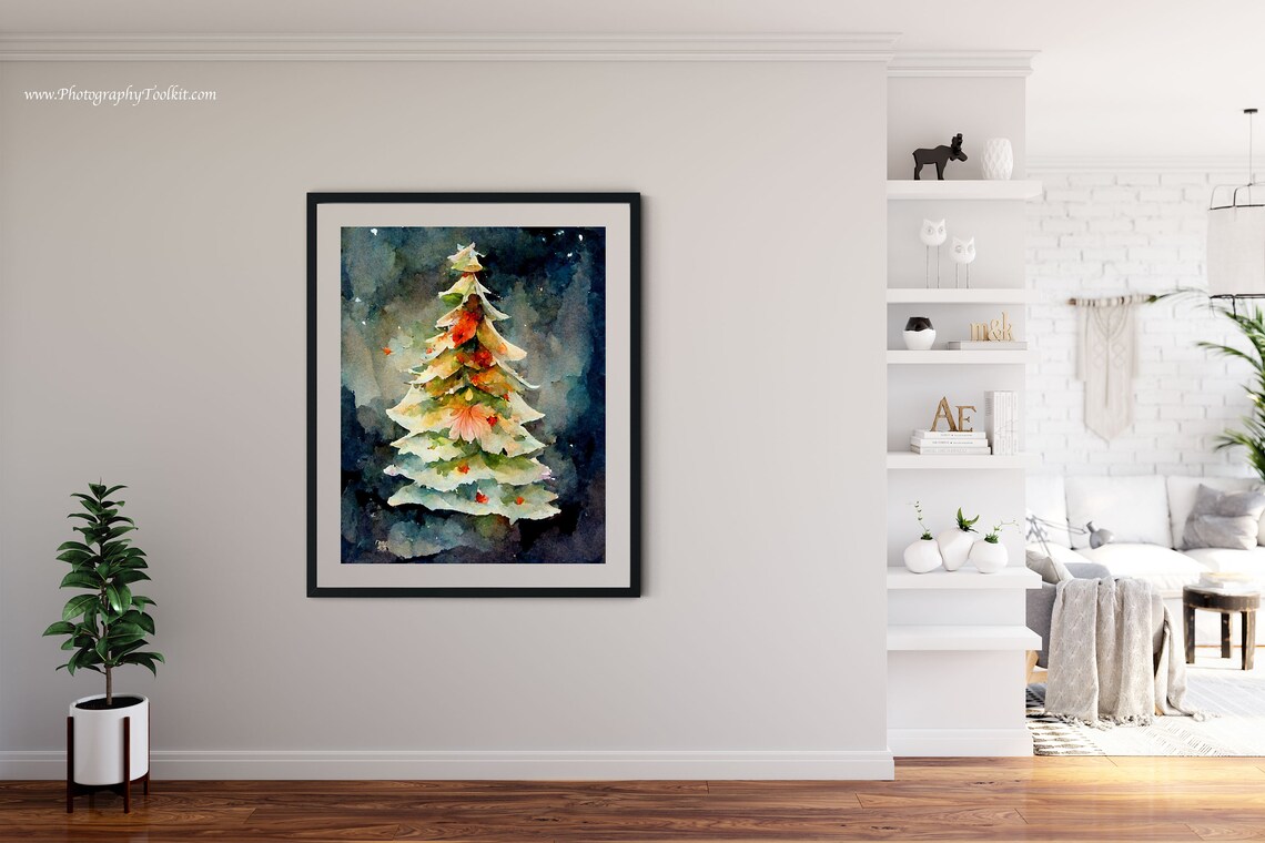 Christmas Tree Watercolor Winter Landscape Art Print - Image 4