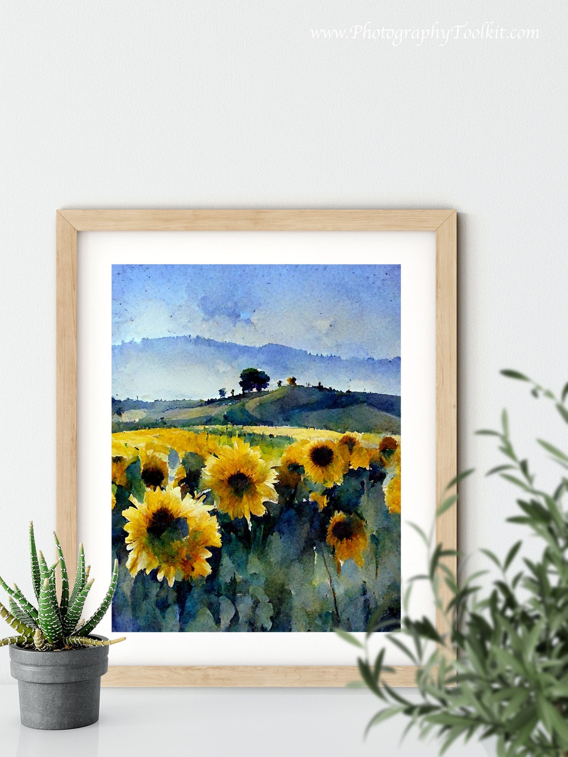 Sunflower Field Blue Hills Watercolor Summer Floral Meadow Poster - Image 5