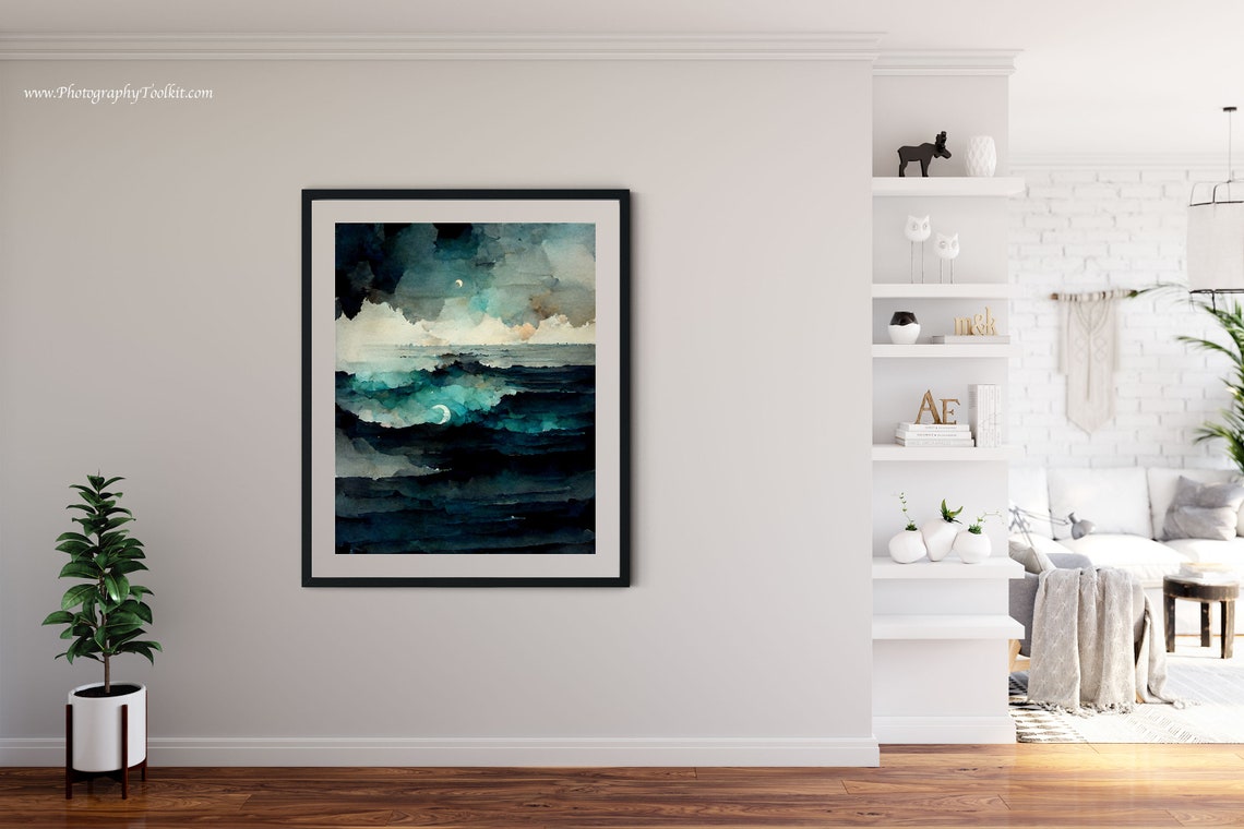Dark Moonlit Ocean Waves Night Sea Watercolor Moody Coastal Poster - Image 4