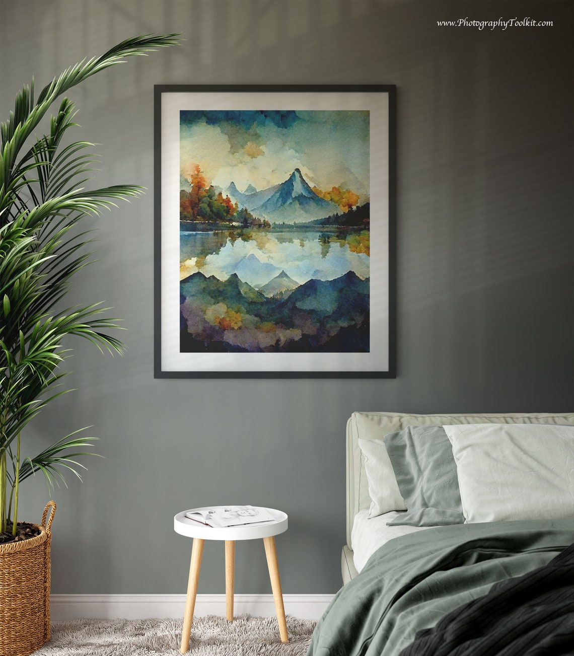 Mountain Peaks Mirrored in a Still Lake Watercolor Landscape Poster - Image 3
