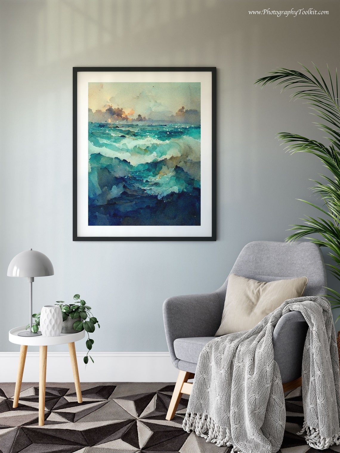 Rolling Ocean Waves Sunlit Clouds Watercolor Teal Sea Art Poster - Image 6