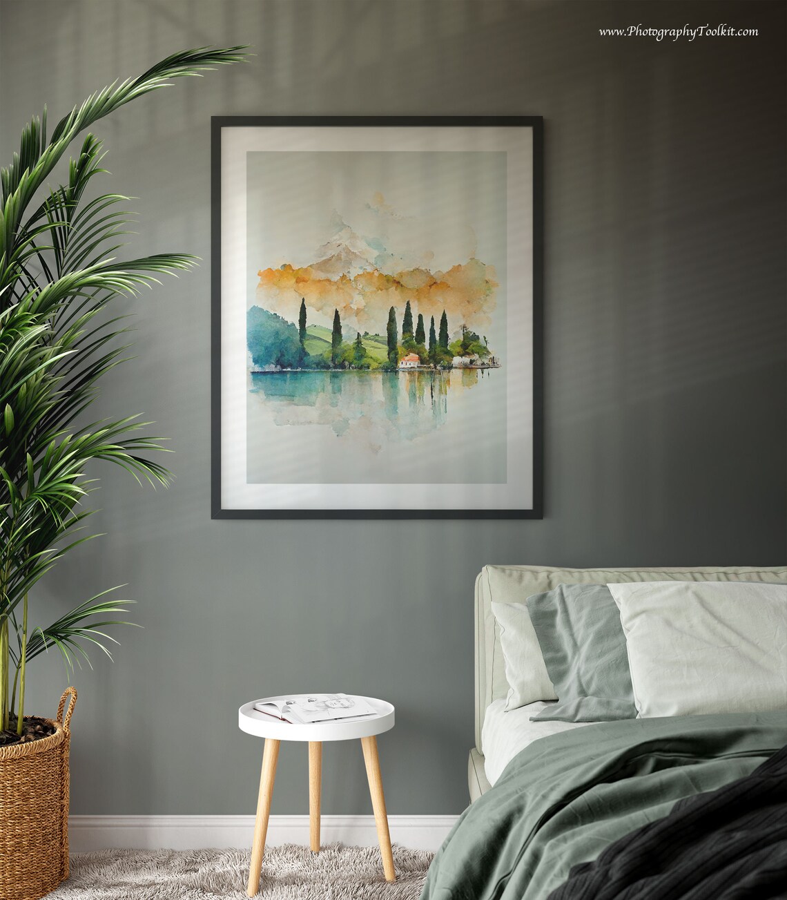 Watercolor Lake Cypress Trees Lakeside Village Soft Pastel Landscape Print - Image 3