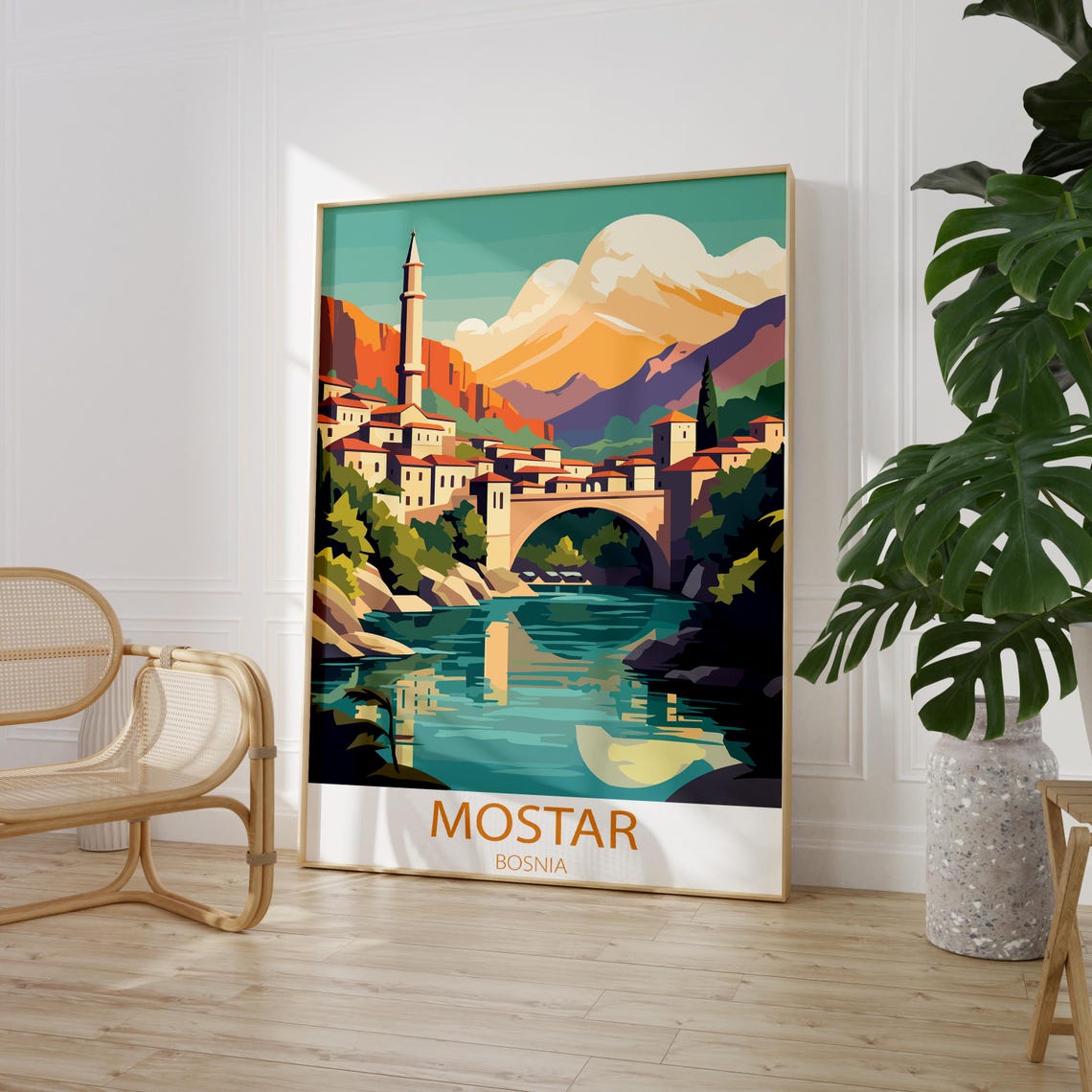 Mostar Bosnia Stari Most Bridge River Town Vintage Travel Poster