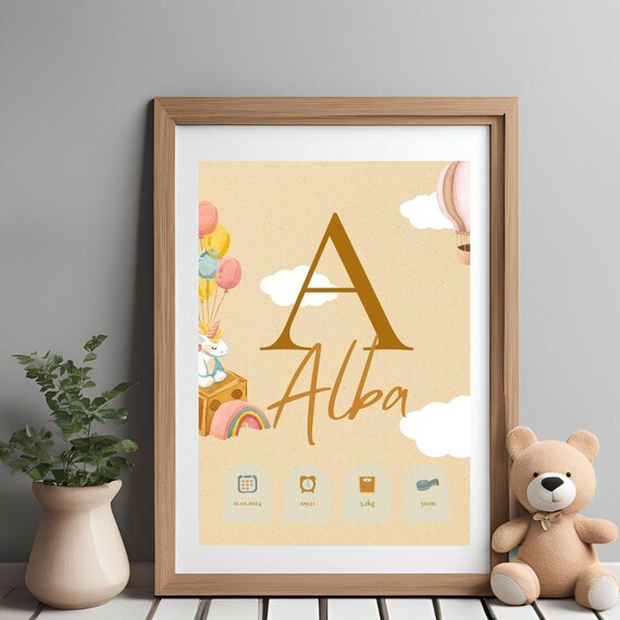 Personalized Initial Hot Air Balloon Baby Birth Keepsake Poster