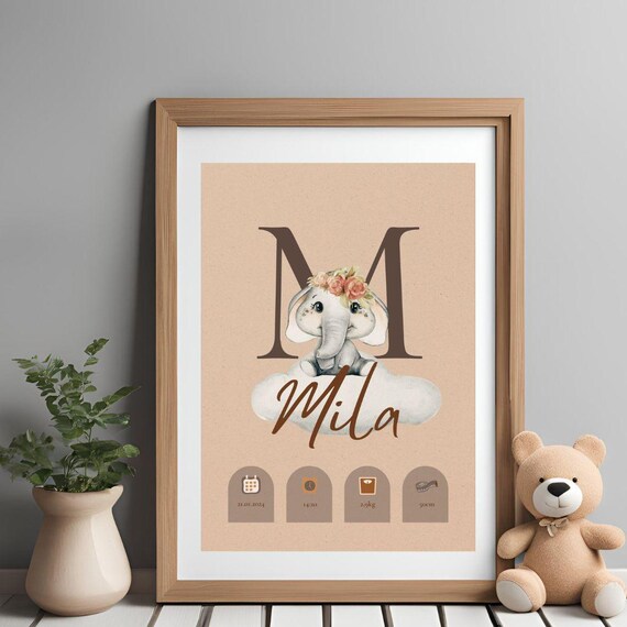Personalized Baby Elephant Initial Baby Birth Stats Keepsake Poster