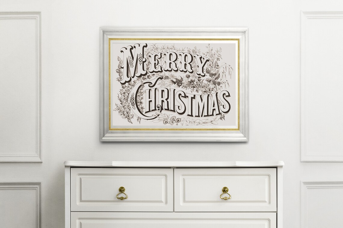 Vintage Merry Christmas Ornamental Typography Holiday Sketch Art Poster - Image 3