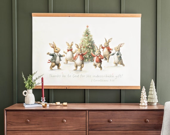 Christmastree Rabbit Art Extra Large Christmas Art Scene Large Christmas Tapestry Decor Large Christmas Scripture Art 521