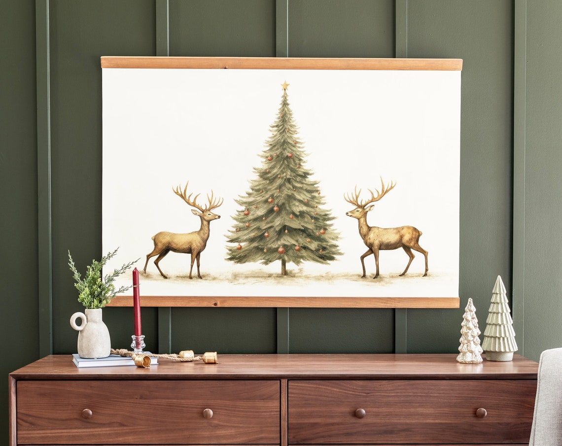 Vintage Christmas Tree Two Reindeer Classic Holiday Scene Poster - Image 3