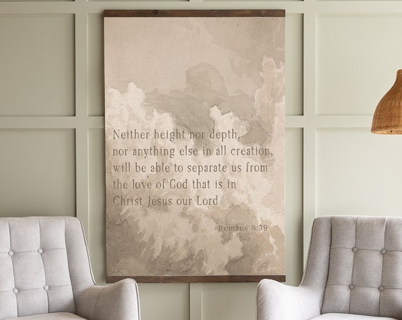 Large Christian Wall Art Neither Height Nor Depth Art Love Of God Scripture On Vintage Muted Sky Art Romans 8 Scripture Sign 414