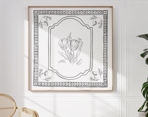 Black Line Tulip Botanical Illustration in Vintage Border Poster