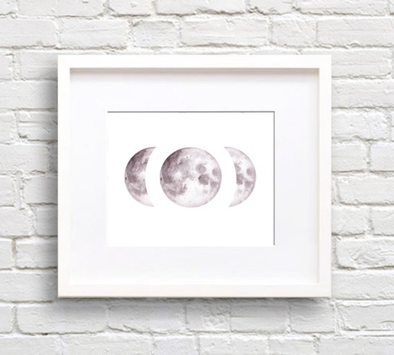 Moon Phases Art Print Wall Decor Watercolor Painting