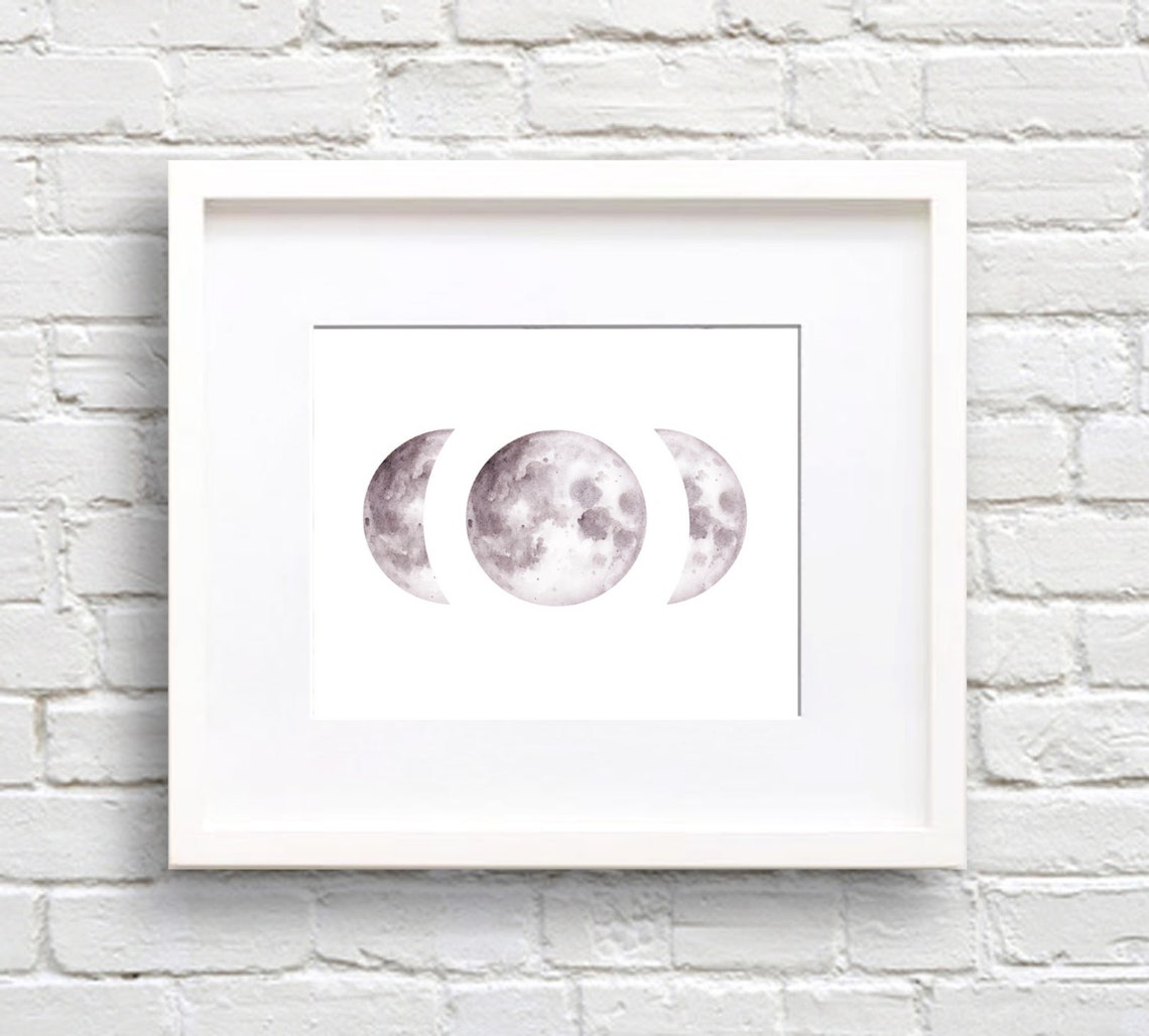 Moon Phases Art Print Wall Decor Watercolor Painting