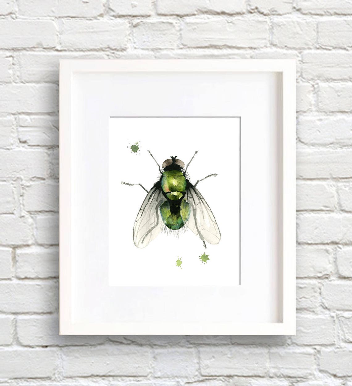 Green Bottle Fly with Clear Wings Watercolor Nature Decor Poster