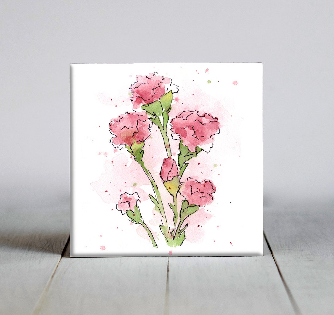 Pink Carnations Bouquet Watercolor Floral Ceramic Decor Poster