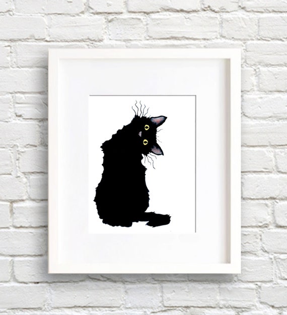 Crazy Black Cat Watercolor Painting Art Print