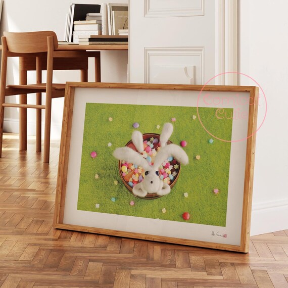 Cute White Bunny With Candy Easter Eggs On Green Grass Poster