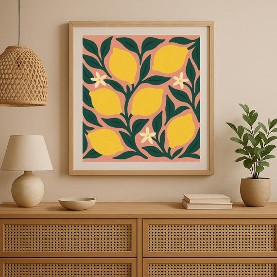 Lemon Wall Art, Modern Boho Fruit Illustration