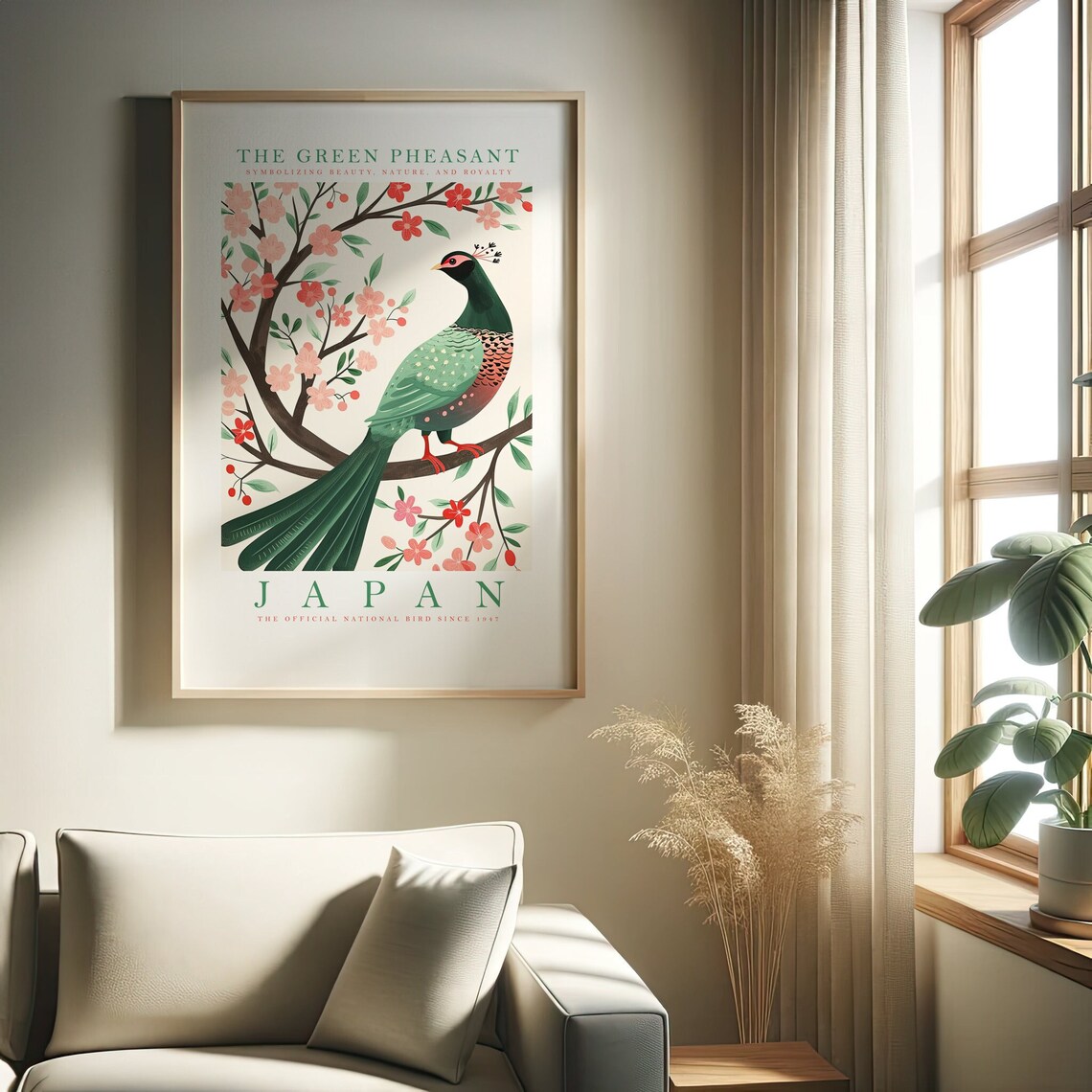 Japan Green Pheasant National Bird Floral Cherry Blossom Art Poster